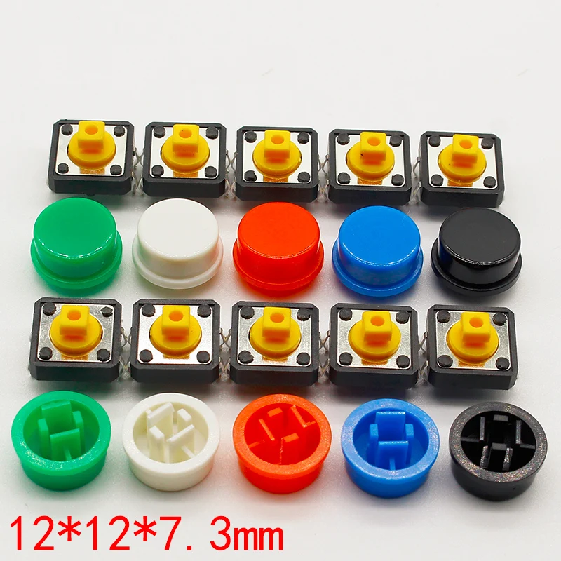 20PCS Tactile Push Button Switch Momentary 12*12*7.3MM Micro switch button + (20PCS 5 colors Tact Cap)