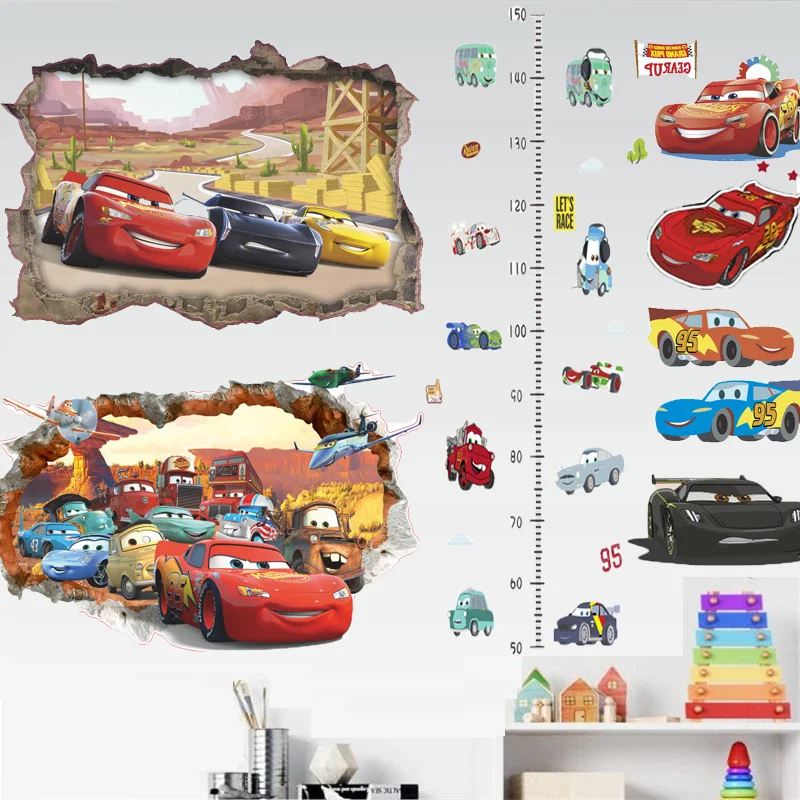 Cartoon Car Wall Stickers Height Ruler Sticker For Kid's Room Kindergarten DIY Wall Decoration Lightning McQueen Wallpaper Mural