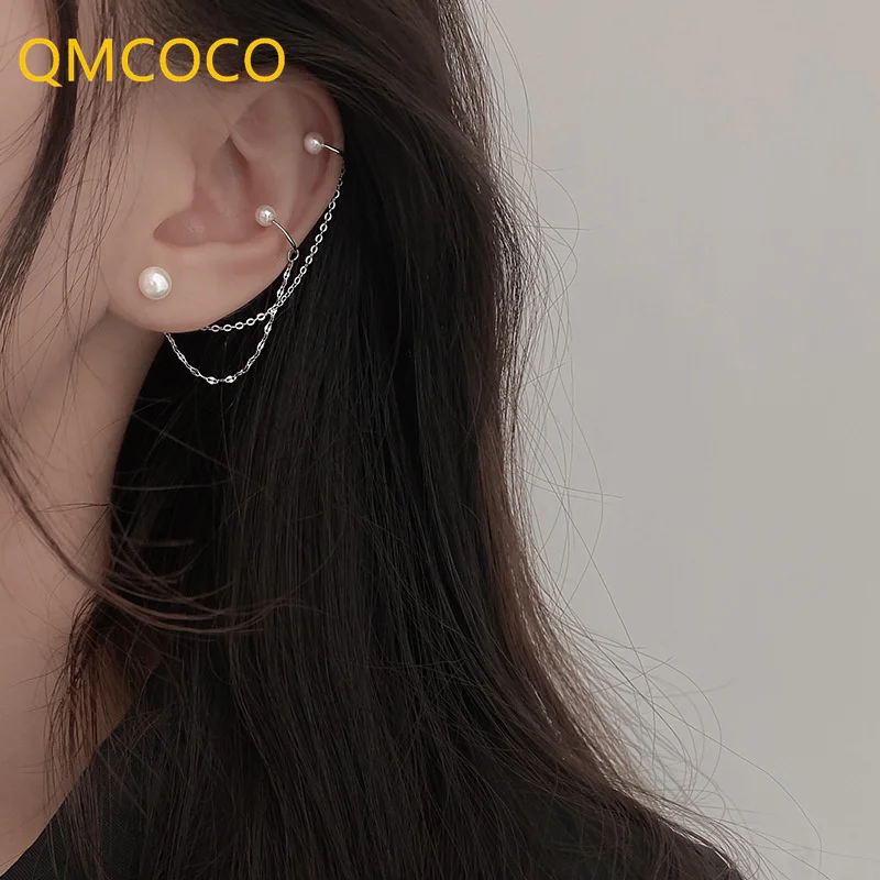 QMCOCO Silver Color Irregular Pearl Eardrop Ear Bones Clip Creative Integrated Earrings For Woman Jewelry Party Gifts