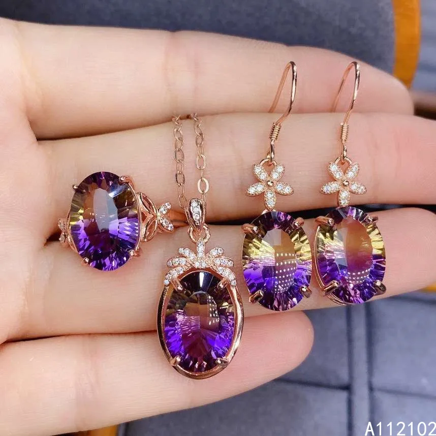 KJJEAXCMY fine Jewelry 925 sterling silver inlaid Ametrine new girl luxury pendant ring earring set hot selling Chinese style