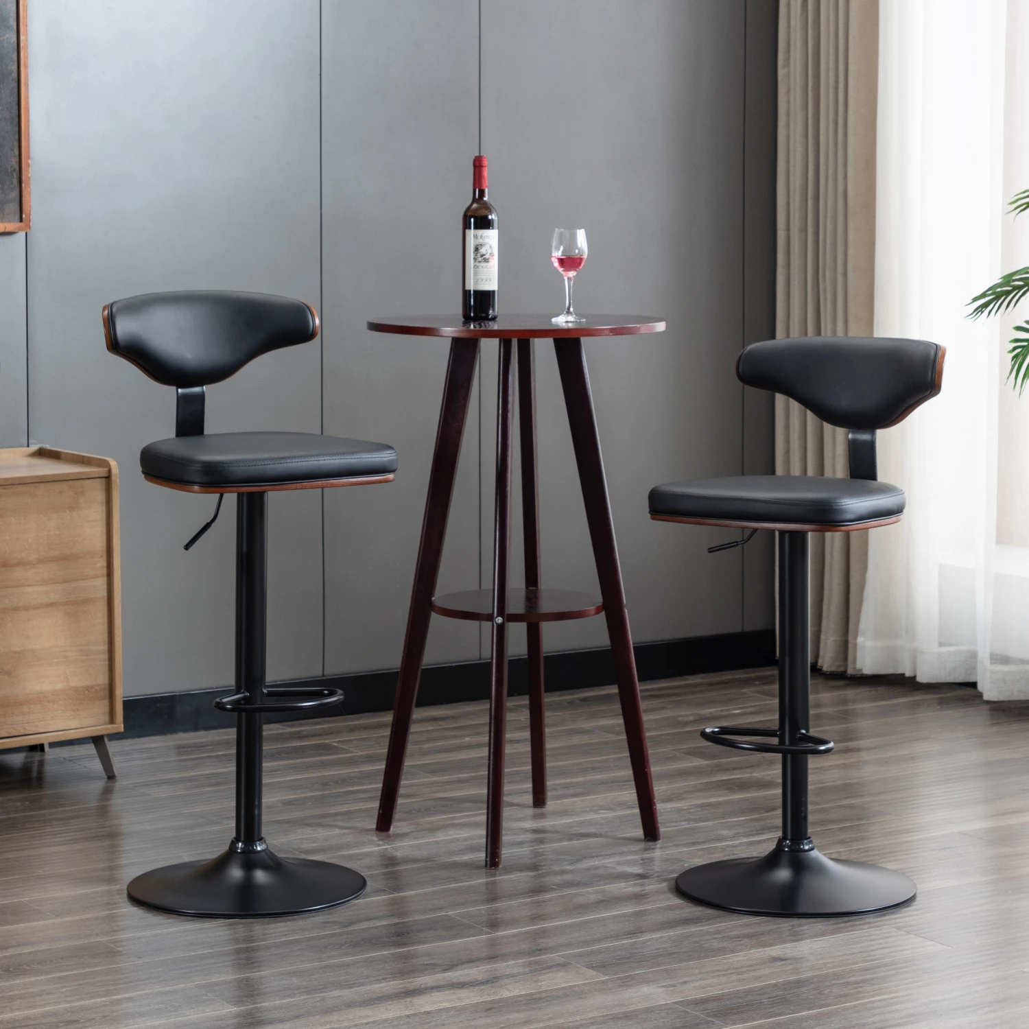 2 Pack Adjustable Swivel Bar Stools Walnut Bentwood PU Upholstered Barstool Chair Black[US-W]