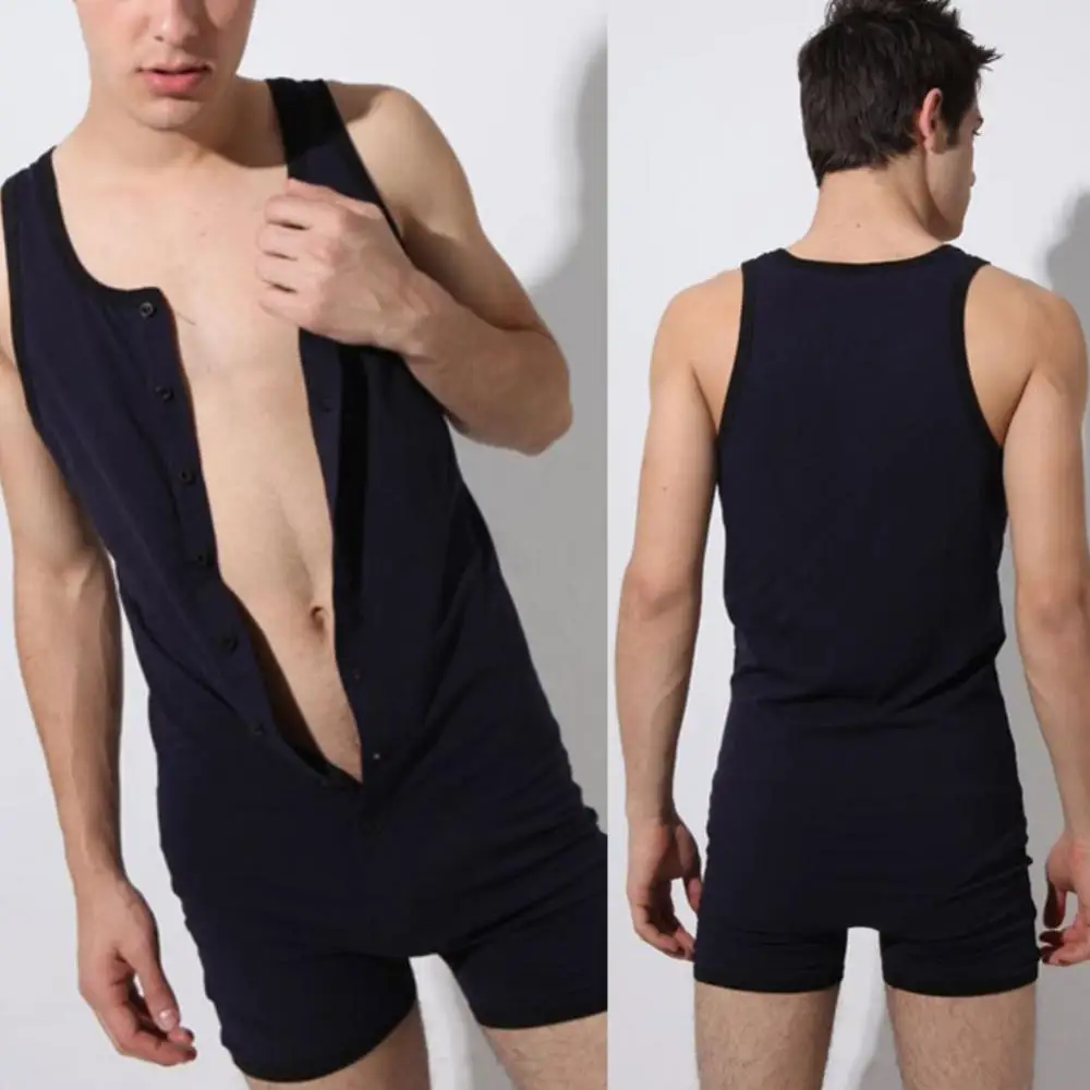 New Men Sexy Solid Color One-piece Vest Top Buttons Shorts Jumpsuit Bodysuit slim and fit makes you feel comfortable all day