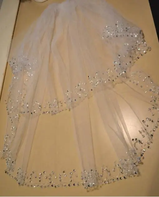 Voile de mariée en cristal à deux couches, à paillettes, longueur coude + peigne