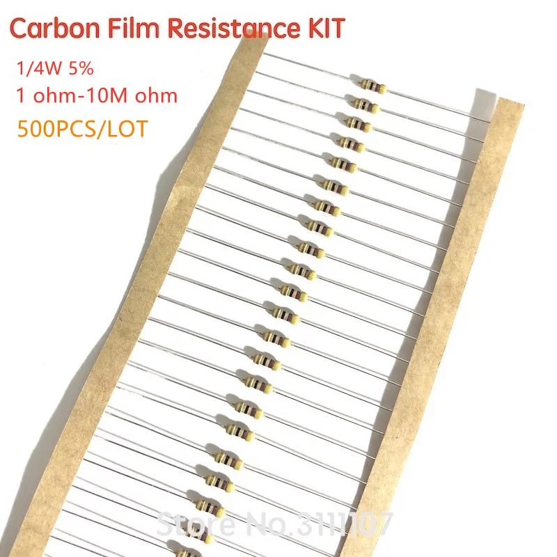 

500PCS/LOT 1/4w 5% Carbon Film Resistor Kit 50 Values Assortment Pack Mix Selection 1 ohm-10M ohm 50 Values Each 10PCS 0.25w