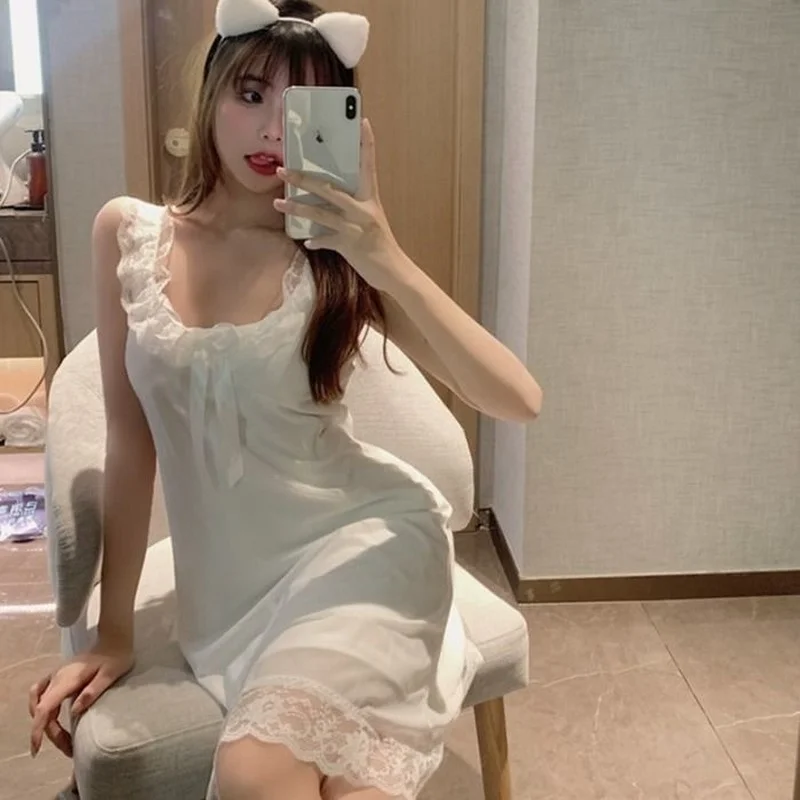 Nightgowns Women Solid White Sleepwear Ulzzang Fashion Comfortable Knee-length New Girls Sweet Leisure All-match Chic Homewear