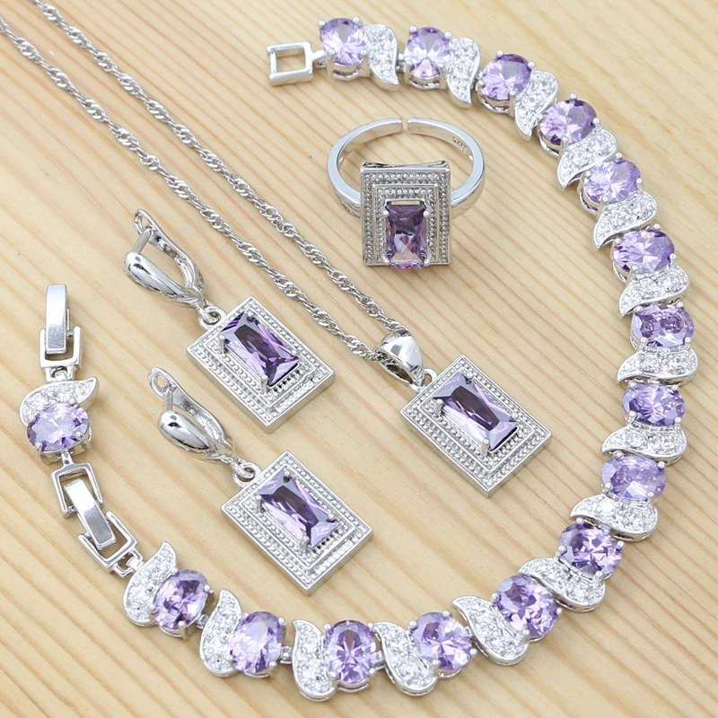 925 Sterling Silver Jewelry Set for Women Square Amethyst Open Ring Pendant Chain Earrings Bracelet Engagement Jewelry