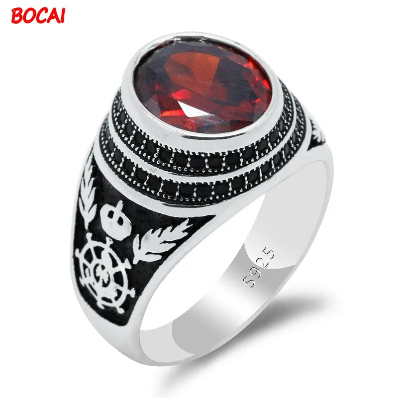 

New European and American personality totem AAA zircon men ring 925 silver vintage red gem ring