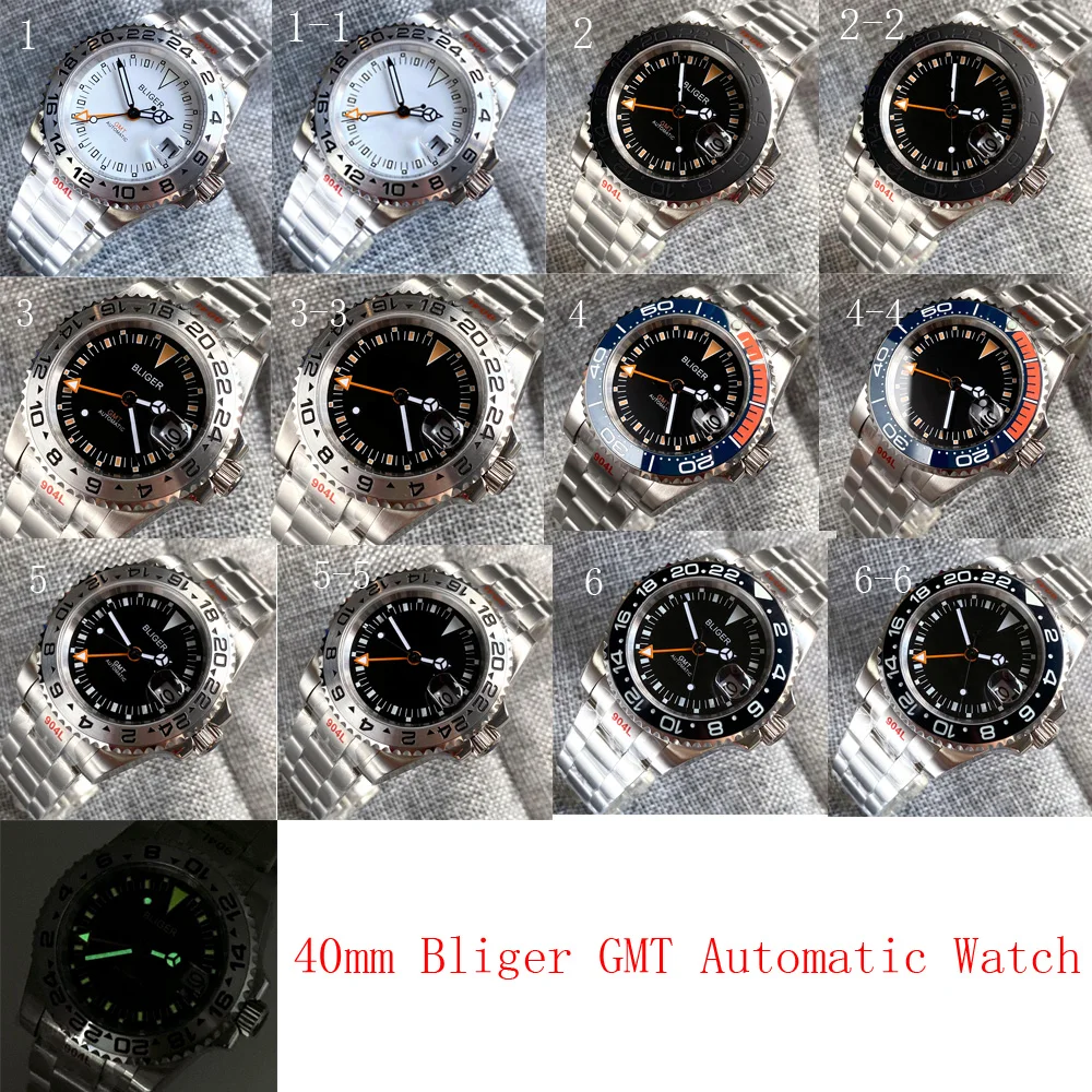 

Bliger Brand 40mm New GMT Mingzhu 3804 Black/White Mechanical Automatic Men's Watch Sapphire Glass Rotating Bezel Luminous Marks