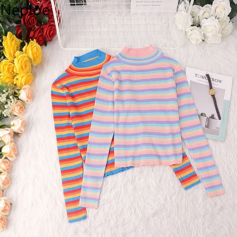 Neploe Rainbow Striped Sweater Y2K Cropped Tops Turtleneck Long Sleeve Pullover Women Sweaters Korean Patchwork Clothes Pull