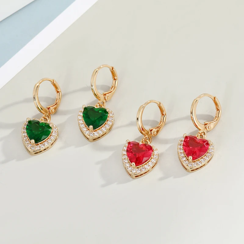 1 Pair Colored Crystal Heart Hoop Earrings For Women Jewelry Fashion Simple Vintage Metal Zircon Geometric Small Circle Earrings