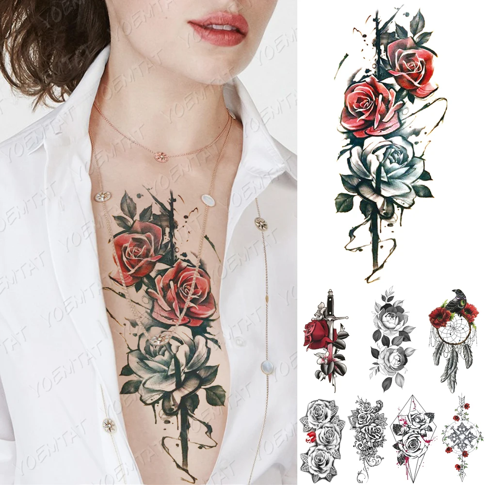 

Waterproof Temporary Tattoo Sticker Splash Ink Rose Tattoos Lines Minimalist Flowers Body Art Arm Fake Sleeve Tatoo Women Men