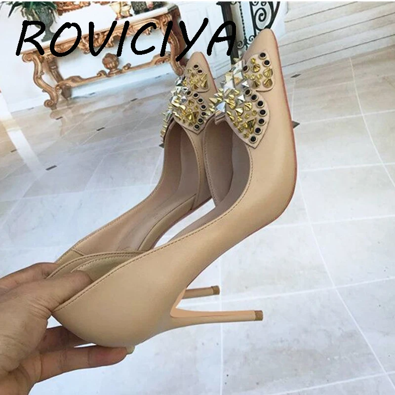 

Summer Apricot 10cm Stiletto Pointed Toe Sexy High Heels Pumps Women Shoes with Bow Rivet plus size LX002 ROVICIYA