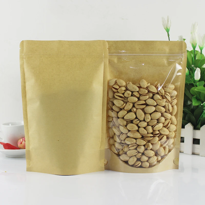 50pcs Kraft Paper Zip Lock Bags One Side Clear Stand Up Resealable Snack Coffee Beans Dates Chocolate Packaging Storage Gift