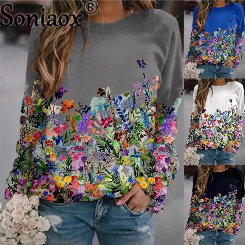 2021 bluzy damskie Vintage Flower Pattern Fashion z długim rękawem Print O Neck luźna bluza z kapturem bluzka topy Casual jesień Streetwear