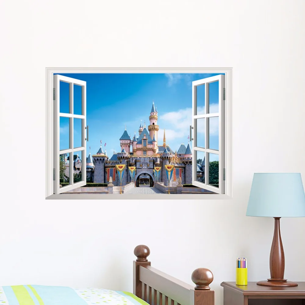 

Fake Windows Sea Beach Castle 3D Wall Sticker Home Decor Windows Removable Background Colorful 48*68CM