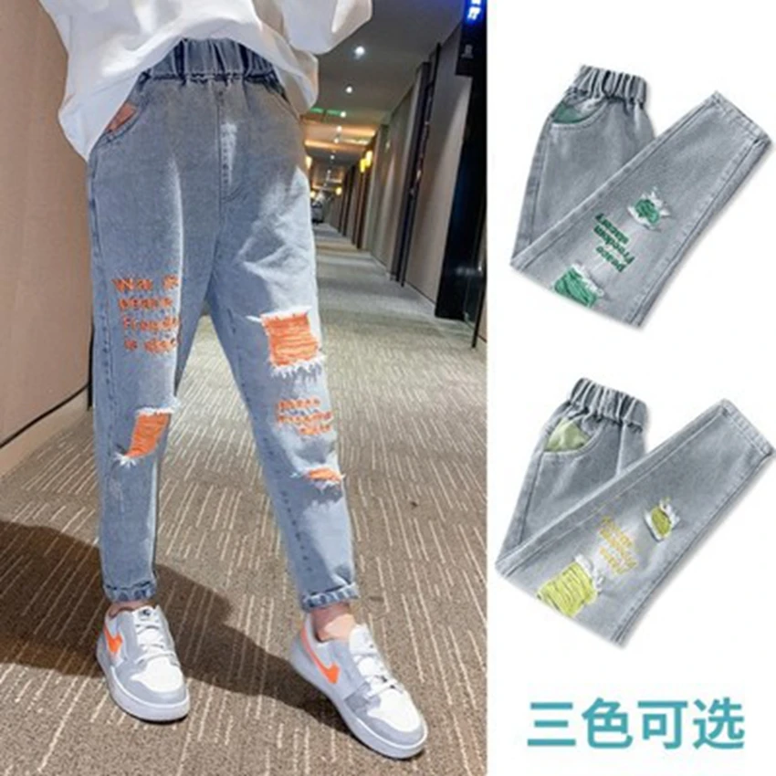 Hole Broken letters Kids Spring Autumn Cute Pattern High Quality Children cowboy Pants Casual Trouses Baby Boy Jeans