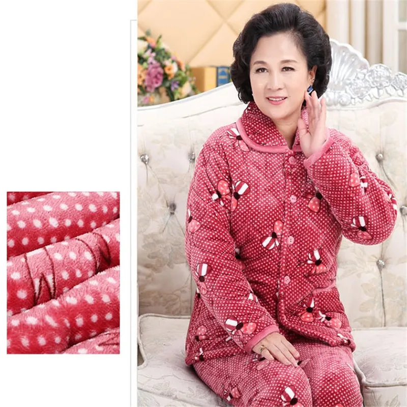 Middle-Aged Women Pajamas Suit Winter Warm Coat Quilted Thicken Pants Nightgown 2 Piece Set Winter Home Service Mother Clothes