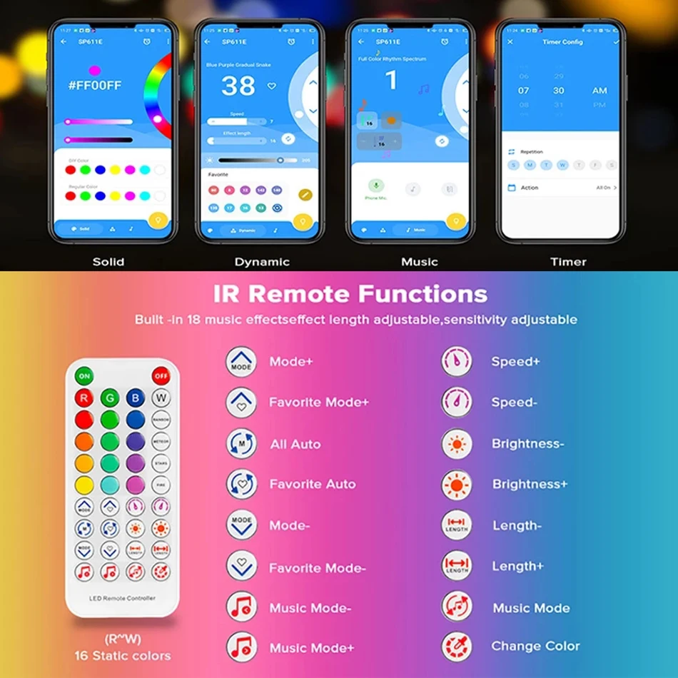 SP611E LED Controller Bluetooth-compatible Music App 38key IR Remote  For WS2811 WS2812 SK6812 Addressable LED Light Strip