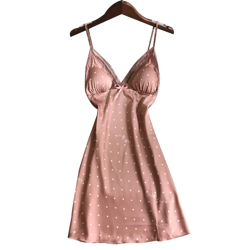 Sexy Nightdress Ladies Lace Print Flower Nightgown Soft Silk Satin Elegant Sleepwear Summer Nightwear With Chest Pads Homewear