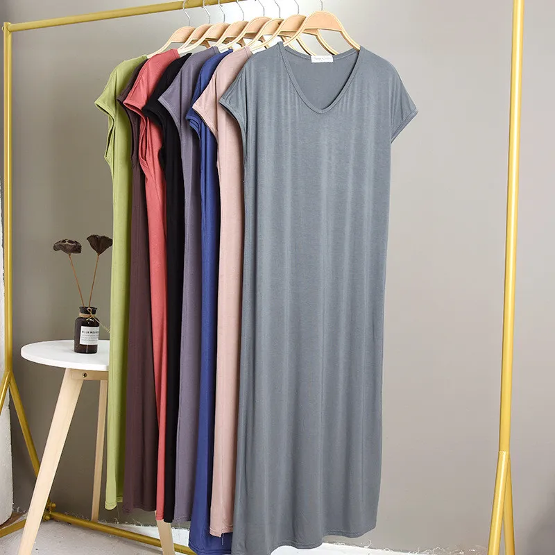 Large Size Modal Base Night Dress Women Sexy V Neck Sleepwear Comfortable Nightgowns Loose Long Nightshirt Vestidos Mujer