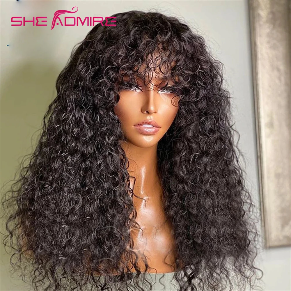 

Kinky Curly Wig With Bangs Full Machine Made Long Curly Remy Human Hair Wig for Black Women Glueless Wear & Go Wig Sale 40 inch