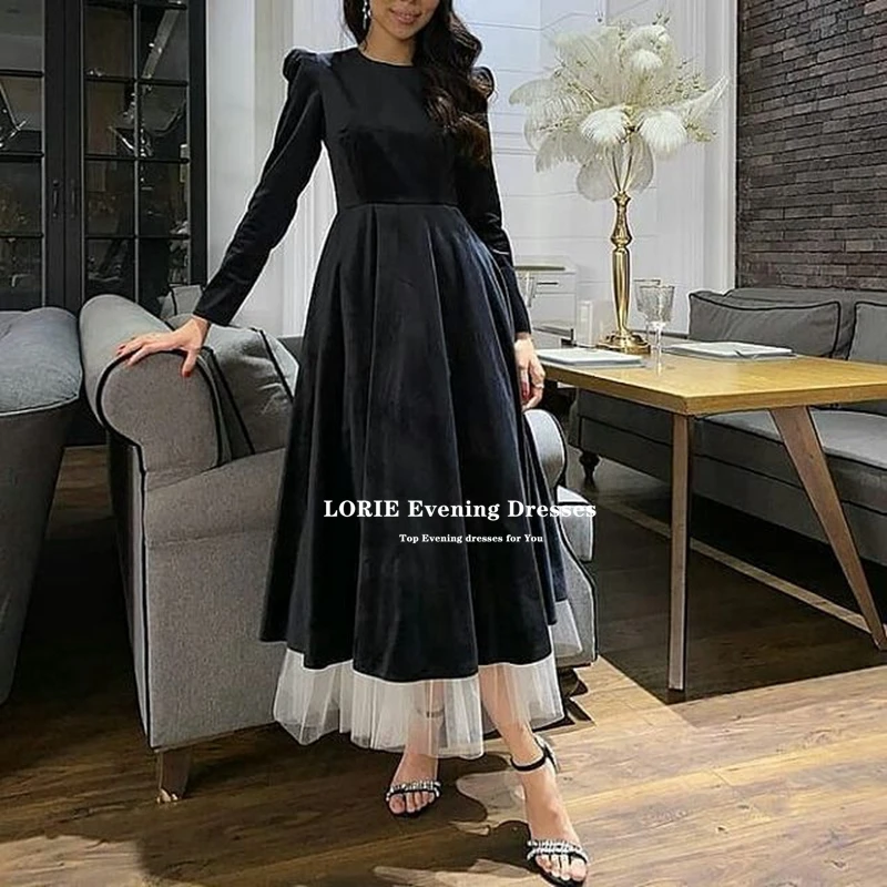 LORIE Đen Đơn Giản Taffeta Với Voan 2021 Chữ A Xòe Áo Tay Dài Cạp Cổ Chính Thức Dạ Hội Người Nổi Tiếng Áo