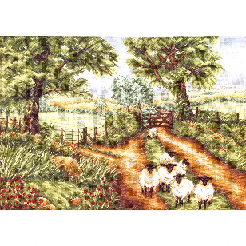 Amishop Counted Cross Stitch Kit, Down the Track Sheep Field, Tree Flowers, Free Delivery, Top Quality, Popular, Pce948