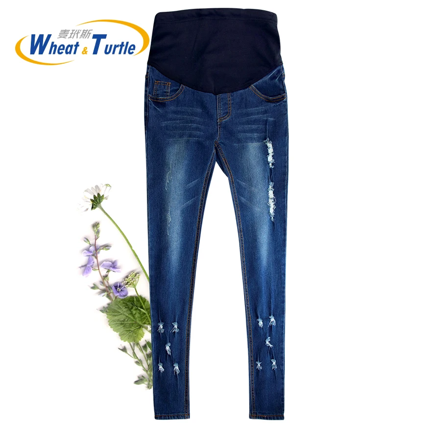 

Hot Sale Good Quality Cotton Denim Skinny Maternity Jeans Holes Contrast Stitching Pockets Pencil For Pregnant Women