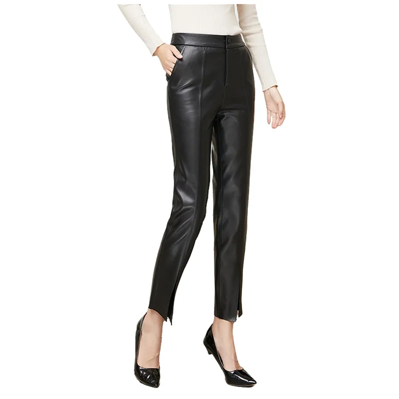 

Women's High Waist Sheepskin Leather Pants, Casual Straight Pants, OL Show Thin, Autumn, Winter, New