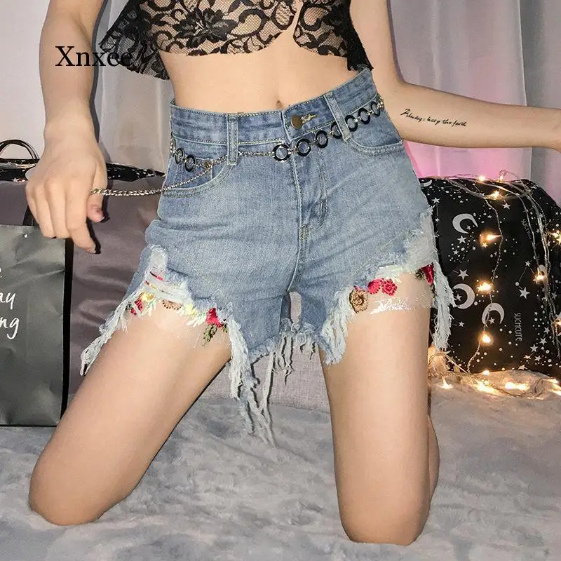 Shredded Embroidered Shorts Sexy Denim Shorts Women Slim High Waist Short Pants Summer Blue Jeans Streetwear Y2K Clothing