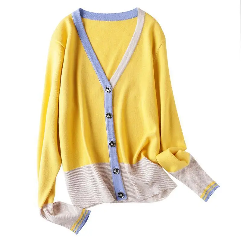 322 Spring  Fall Women Knitted Cardigan Fashion Basic Color Contrast V-Neck Long Sleeve Trendy Office Lady Thin Sweater Knitwear