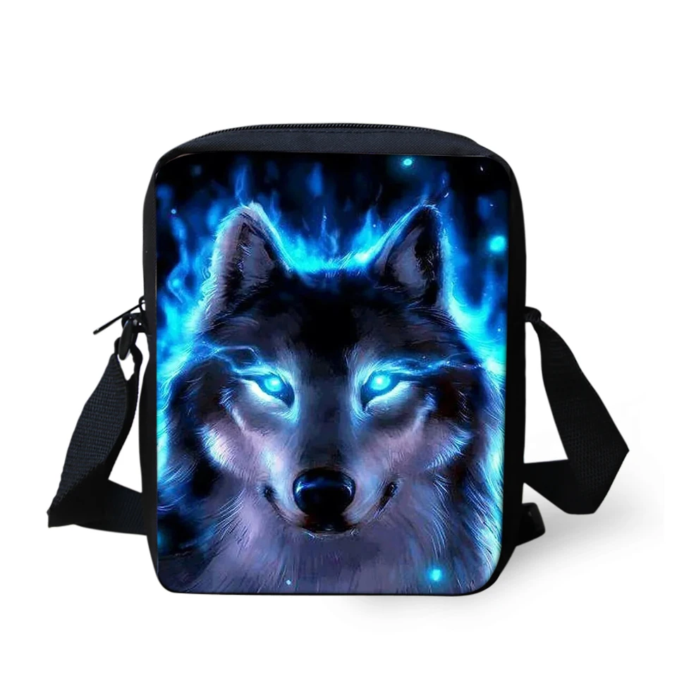 Bolsos de mensajero con estampado de lobo de fantasía para mujer, bolso cruzado para niñas, bolsos cruzados de moda de animales de dibujos animados, Mini monedero con solapa