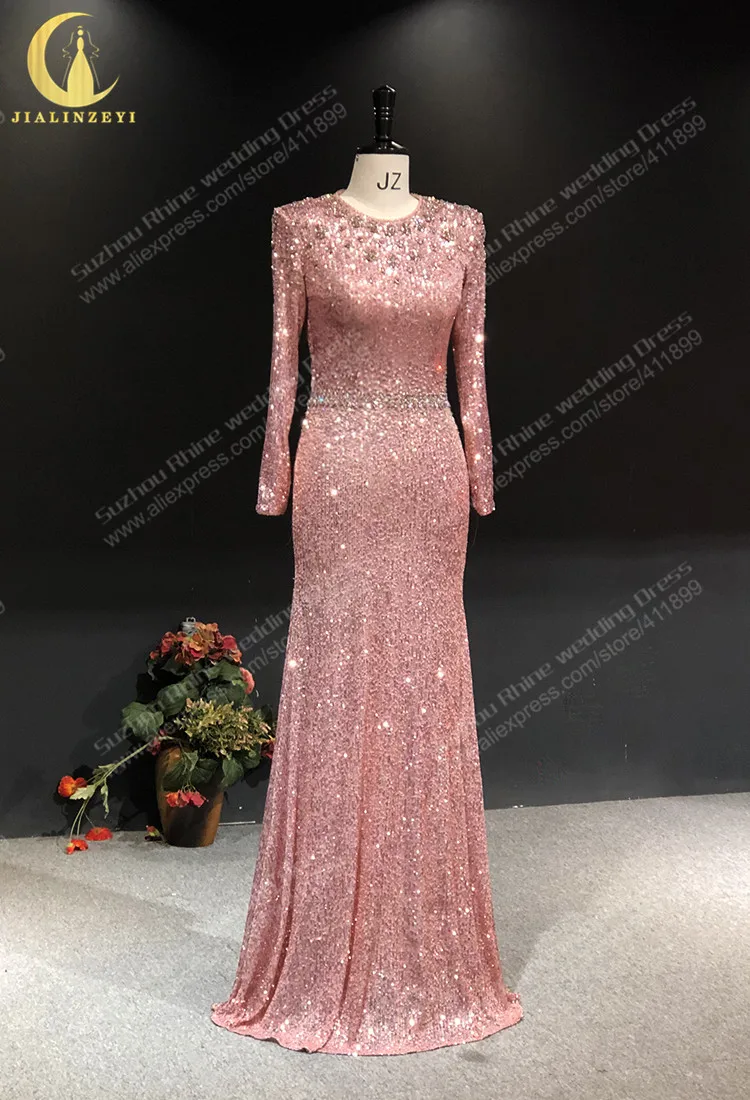 2387 Rhine Pink Long Sleeves Sequins Cryrstal Mermaid obe de soirée femme vestidos de noche evening dresses long вечернее платье