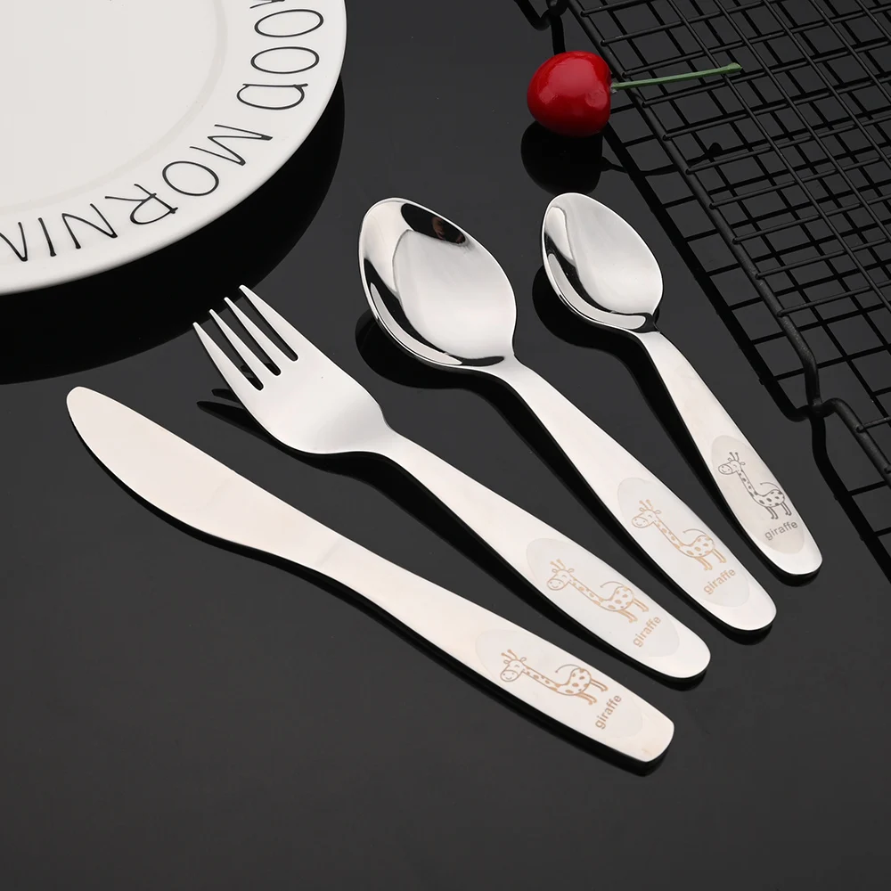 Cute Deer 304 Stainless Steel Flatware Children Cutlery Western Style Fork Spoon Knife Teaspoon Set Baby Feeding Safe Tableware
