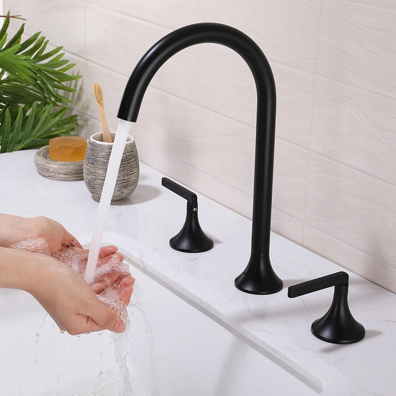 Tuqiu Basin Faucet Lavatory Mixer Tap Brass Widespread Rotation Sink tap Brass sink faucet 8 inch Three Hole Brush Gold