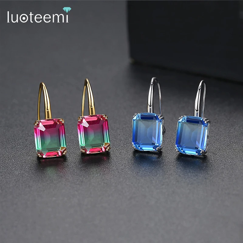 LUOTEEMI Korean Fashion Blue Red Square Stones Drop Earring for Women 2022 Statement Girl Party Trending Jewelry Christmas Gift