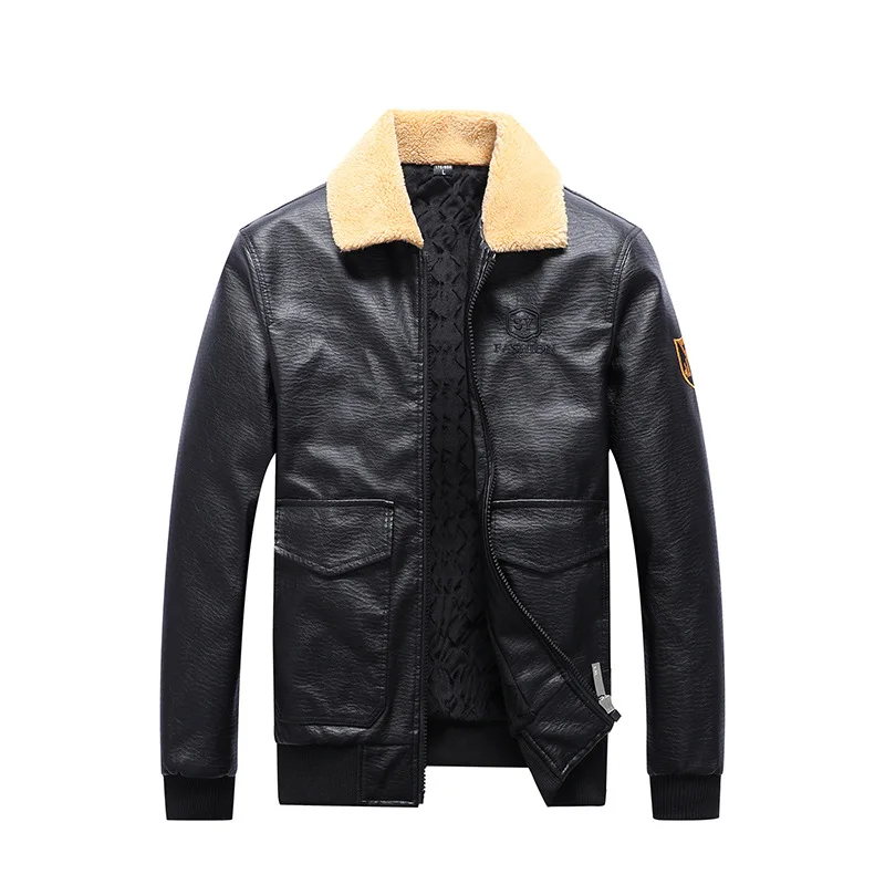 Men Motorcycle Jacket Logo Embroidery Bomber Jackets Lamb Velvet Lapel PU Coats Fashion Zipper Male Winter Jacket Plus Size 8XL