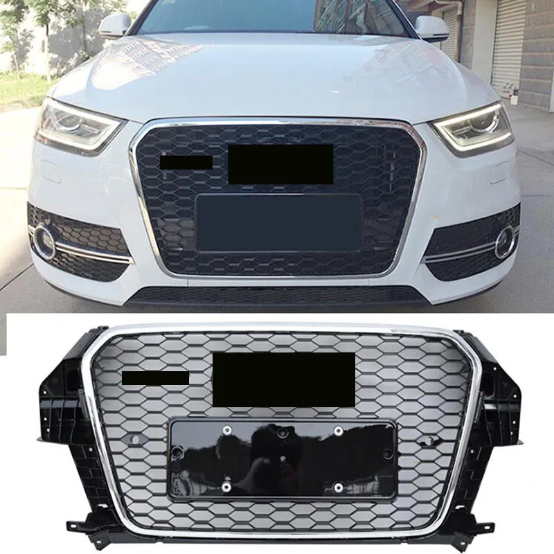 Black Silver ABS Front Grill Grille For AUDI Q3 SQ3 2013 2014 2015 + RSQ3 Emblem