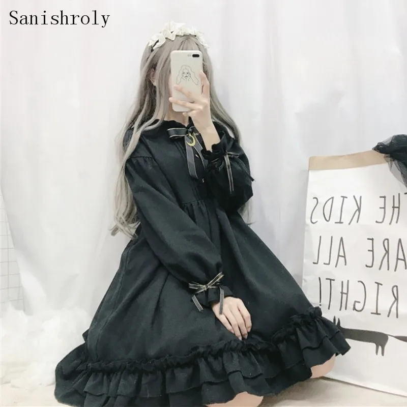 

Women Black Ruffles Dress Japan Harajuku Lantern Sleeve Student Gothic Lolita Dress Kawaii Cute Tie Bow Girl Chiffon Lo Dresses