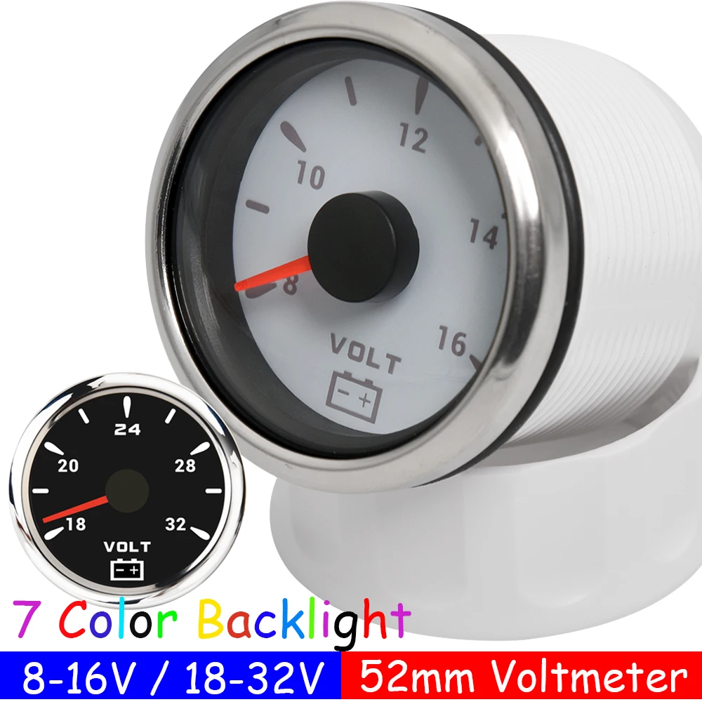 52mm Marine Voltage Gauge Boat Car Volt Gauge with 7 Colors Backlight Waterproof Voltmeter Indicator 8-16V 18-32V VOLT Meter