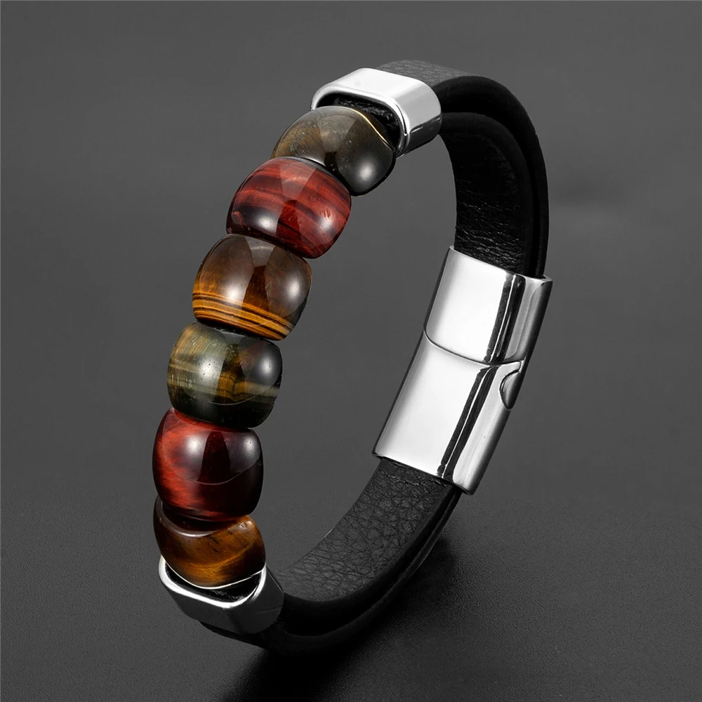 New Fashion Natural Stone Beaded Bracelet Men and Women\'s Leather Bracelet Handmade Jewelry Stainless Steel Bracelet Men\'s Gift