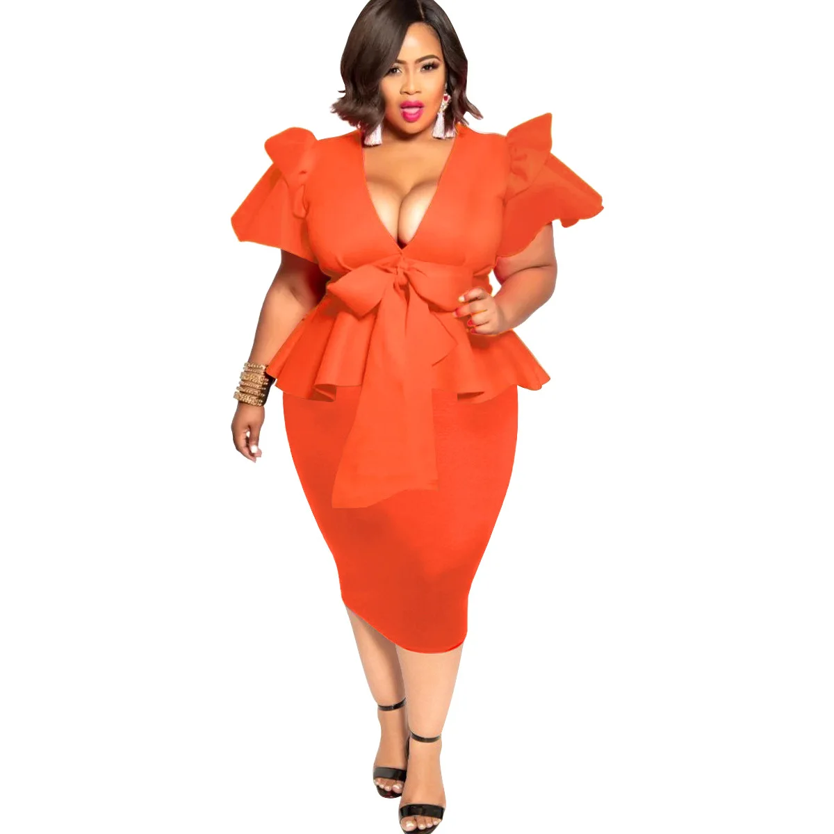 Vestidos de roupas femininas plus size 2021 soild cor lápis vestido bowknot manga curta grande moda urbano comute casual escritório