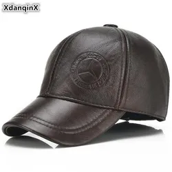 XdanqinX New Cowhide Leather Cap Men's Earmuffs Hat Thick Warm Baseball Caps Men Genuine Leather Hats Adjustable Size Brands Cap