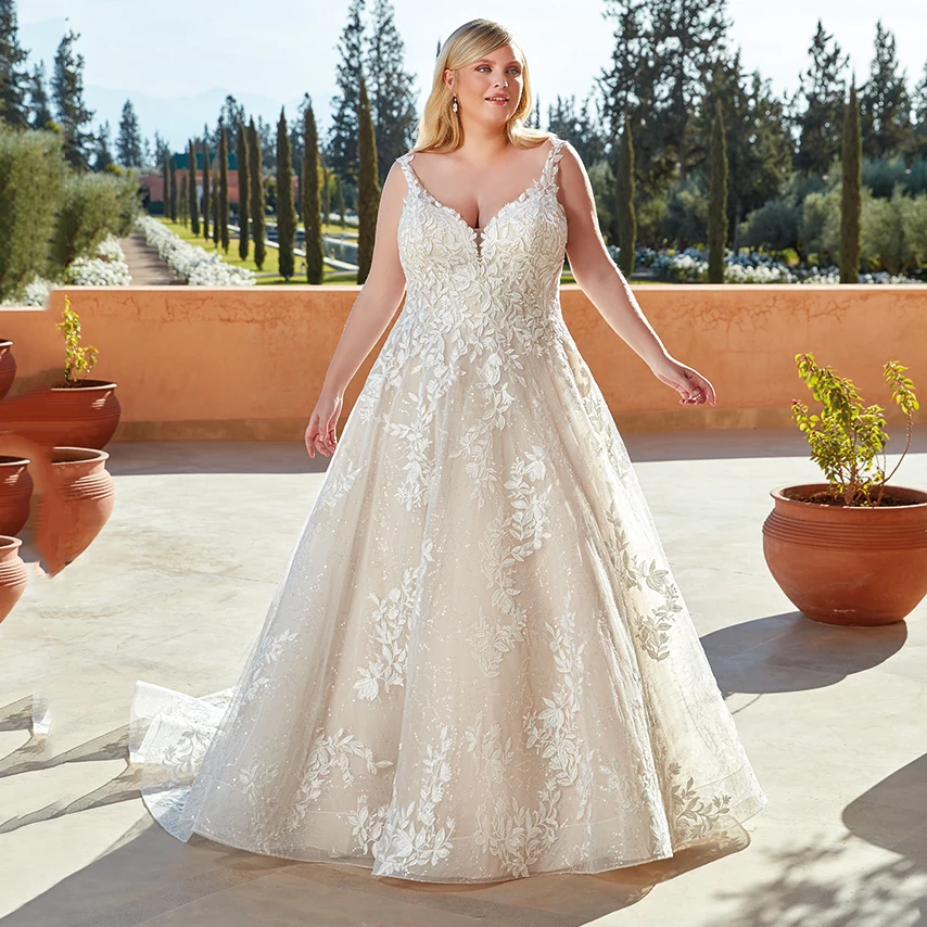 Thinyfull elegante Plus Size A Line abiti da sposa scollo A V spalline abito da sposa Tulle Appliques di pizzo abiti da sposa