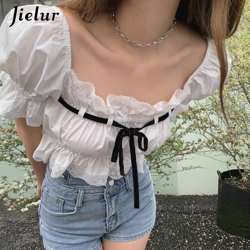 Jielur-camisas de manga farol con cuello cuadrado para mujer, blusa informal con lazo blanco, Top corto ajustado de manga corta, S-XL para mujer 2021