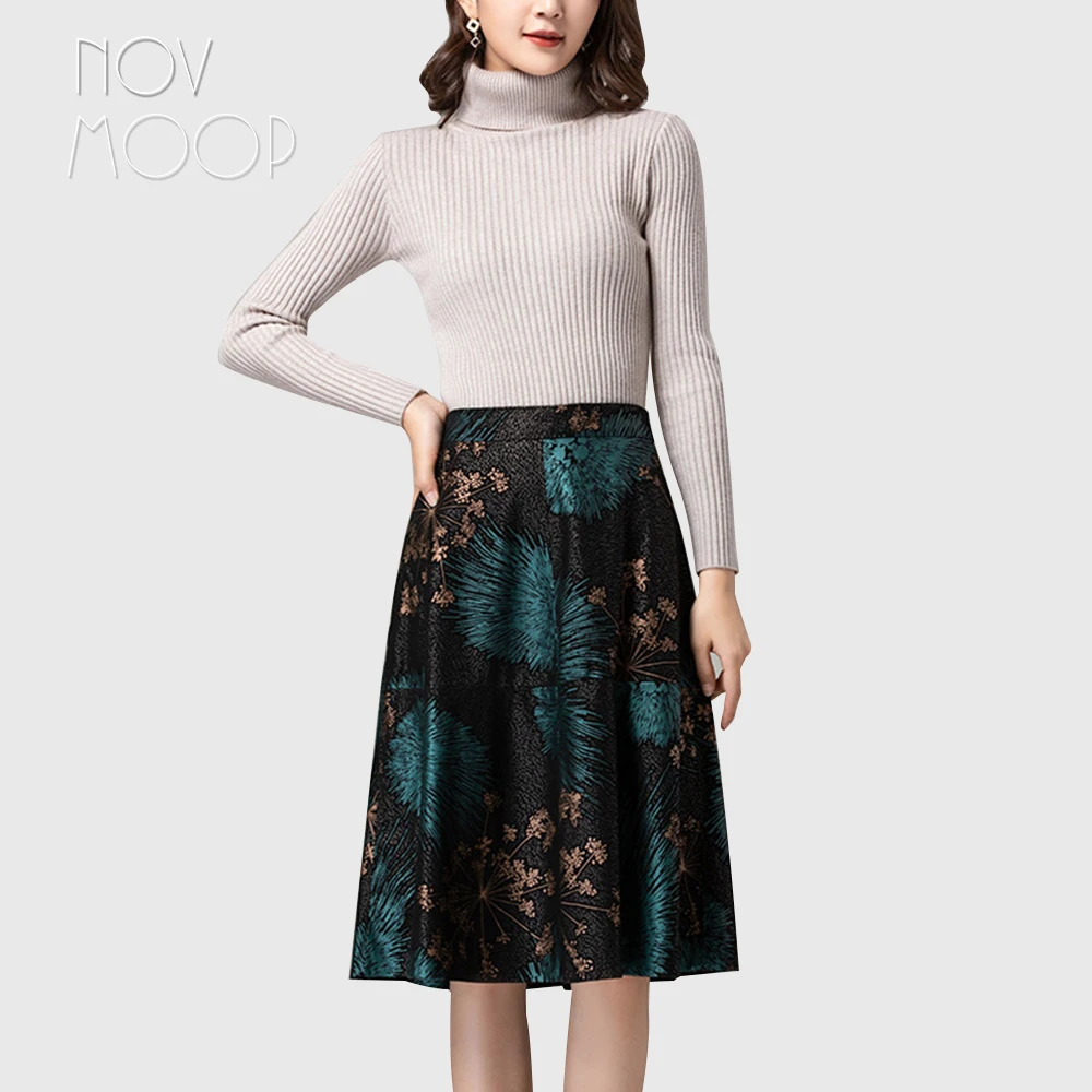 

Novmoop printed sheepskin genuine leather women flare skirt elegant formal style office lady party wear Falda de cuero LT3424