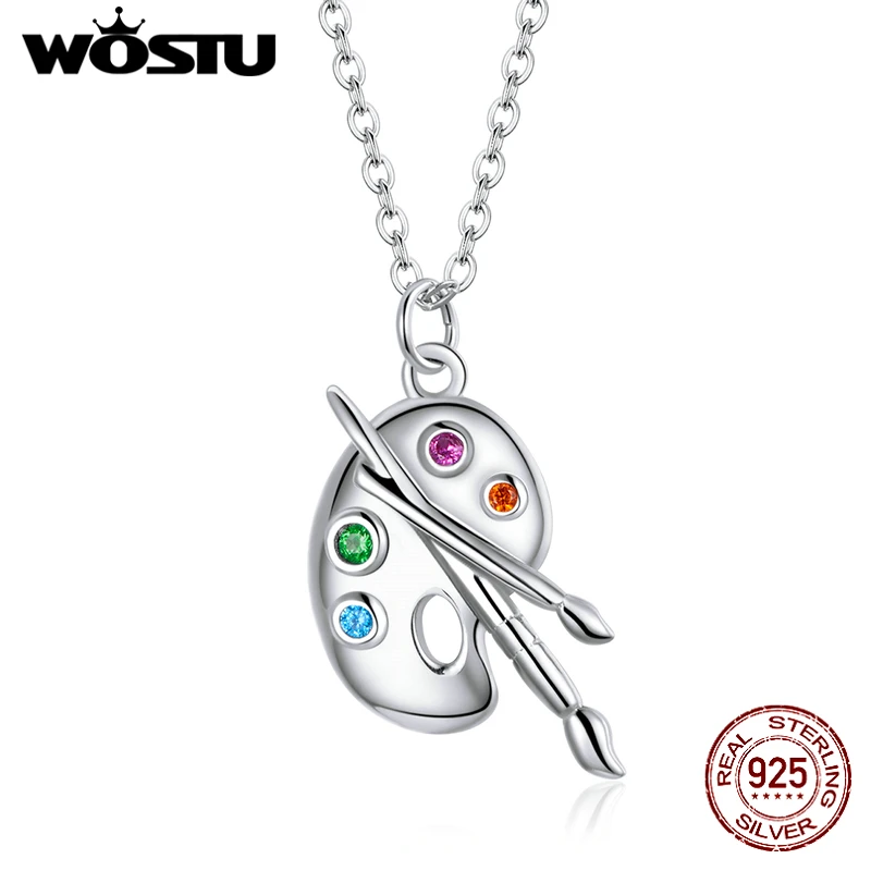 WOSTU 925 Sterling Silver Artistic Life Necklace Color Palette Zircon Long Chain Link Necklace For Women Fashion Jewelry CQN457