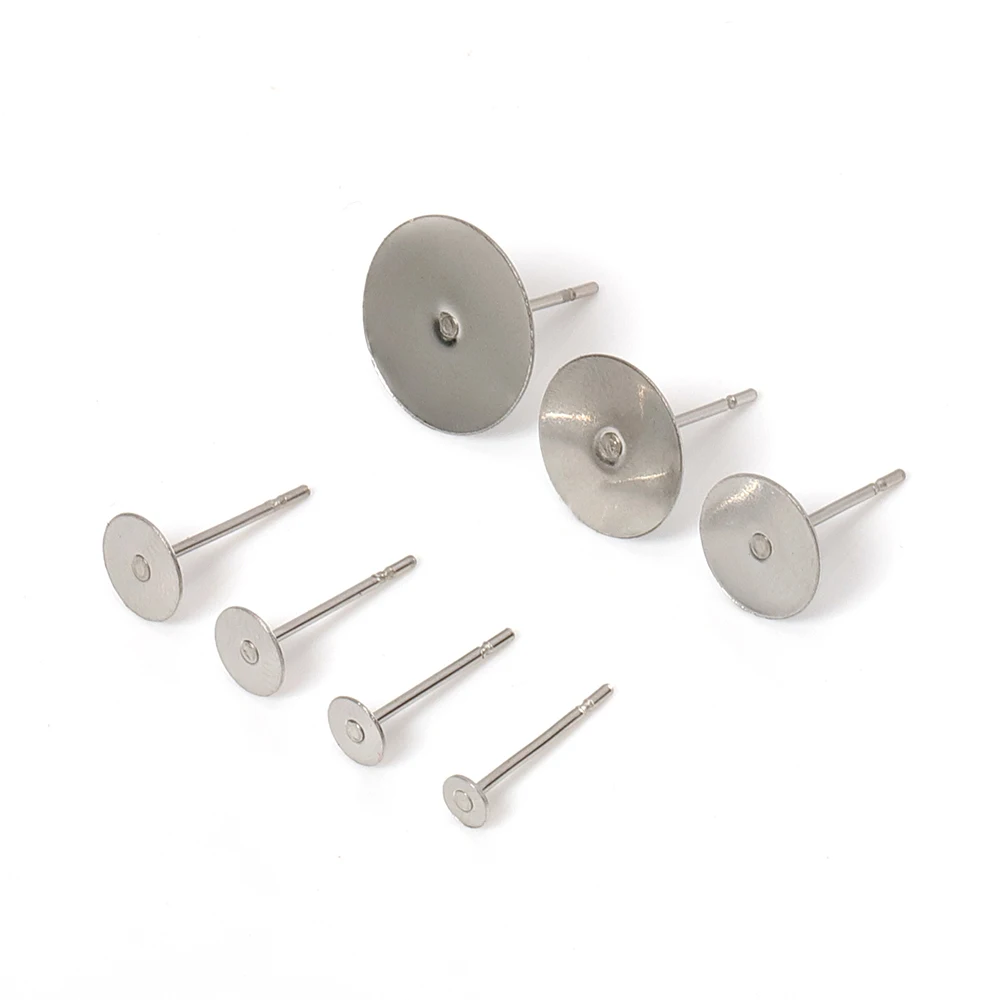 100Pcs Stainless Steel Earring Base Blank Ear Studs Pin Post 3/4/5/6/8/10/12mm Cabochon Setting for DIY Jewelry Making Findings