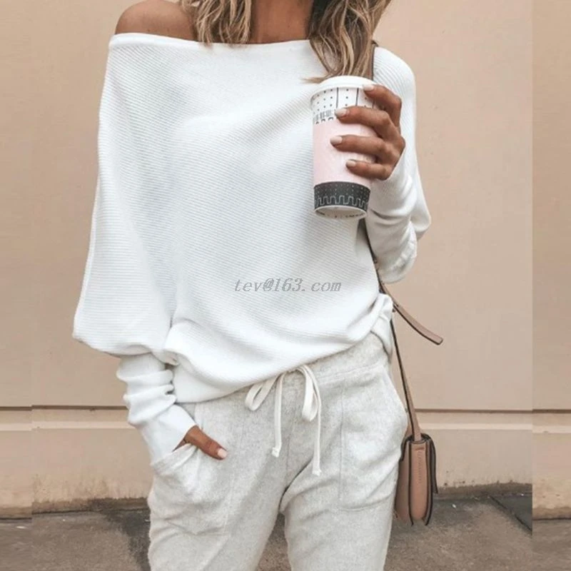 Womens Autumn Spring Off Shoulder Sweater Long Batwing Sleeves Solid Color Knitted Pullover Tops Loose Casual Knitwear Jumper