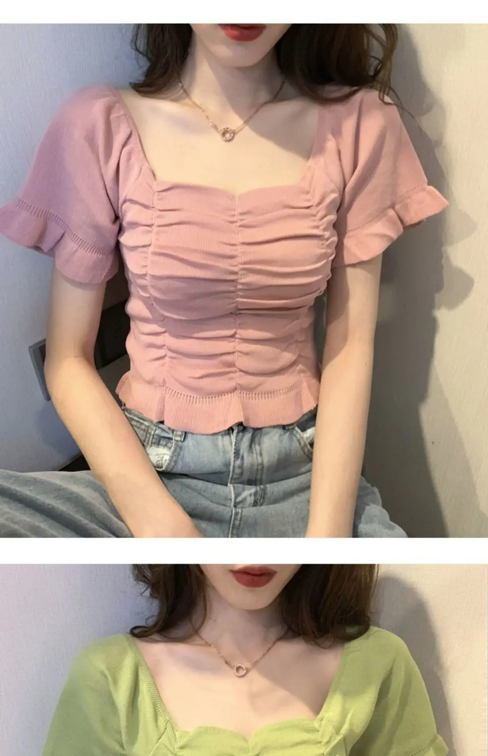 Gestrickte Modische Bluse Damen Rüschen Jugendlich Elegant Sommer Crop Top Sexy Figurbetonte Bluse Kurzarm – Detail 10